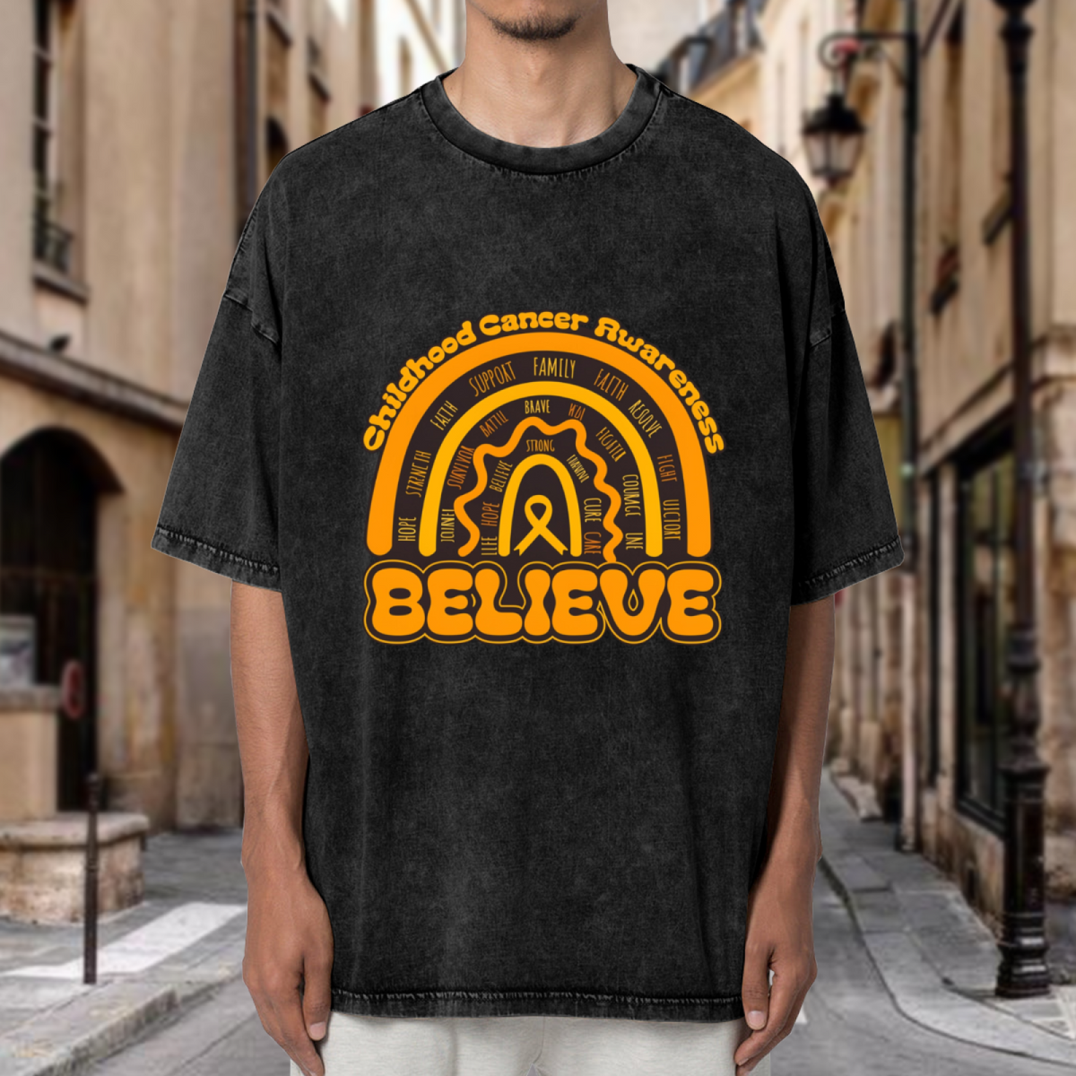 Childhood Cancer Awareness Believe washed graphic T-shirt product image