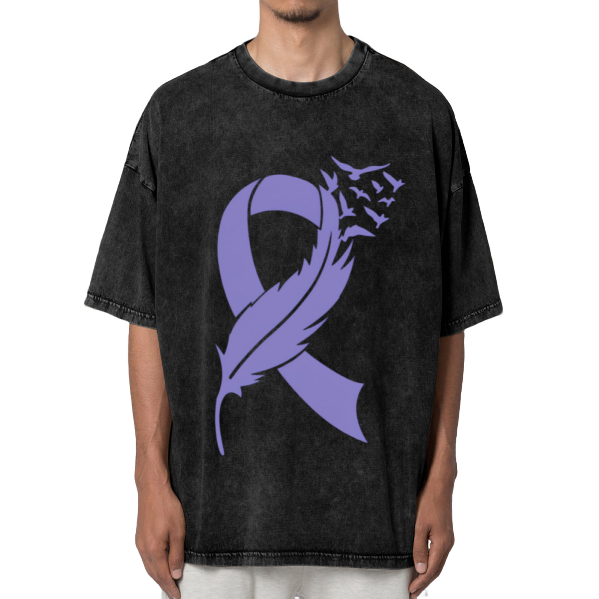 Esophageal Cancer Feather Periwinkle Ribbon washed graphic T-shirt product image