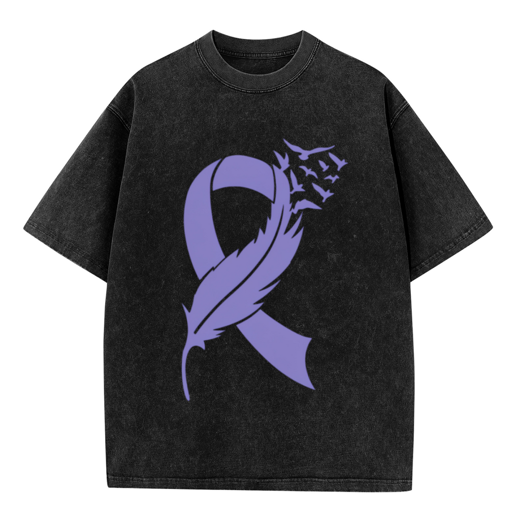Esophageal Cancer Feather Periwinkle Ribbon washed graphic T-shirt product image