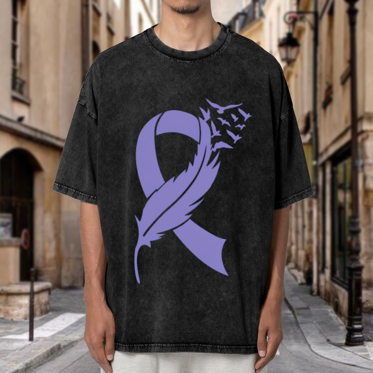 Esophageal Cancer Feather Periwinkle Ribbon washed graphic T-shirt product image