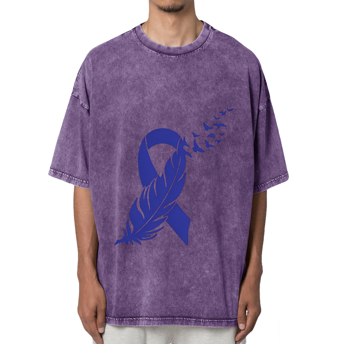 Colon Cancer Feather Ribbon Washed Graphic T-Shirt