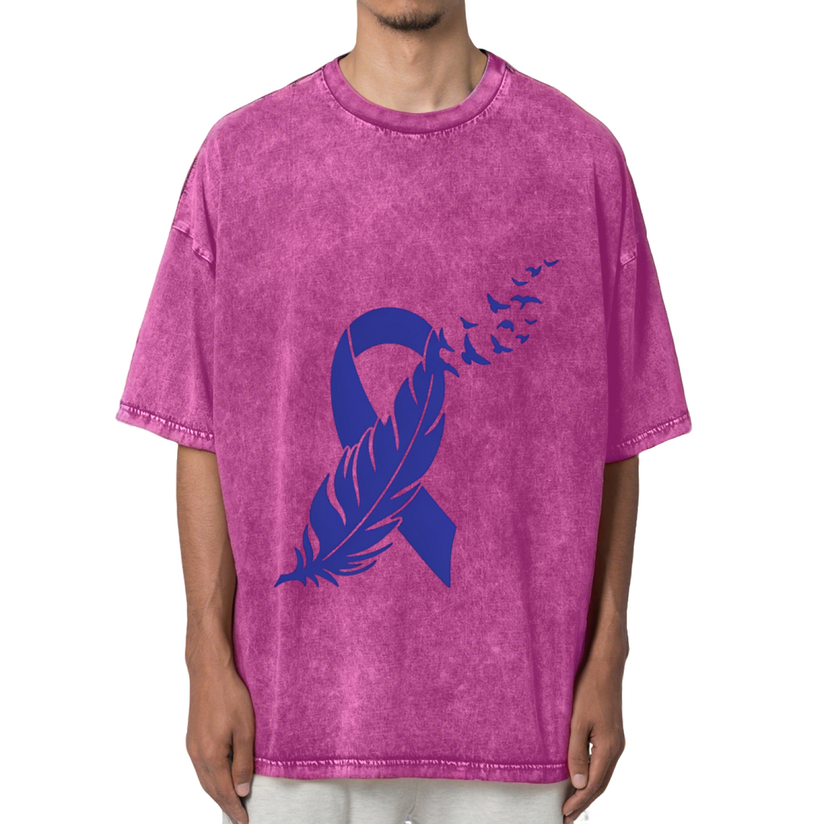 Colon Cancer Feather Ribbon Washed Graphic T-Shirt
