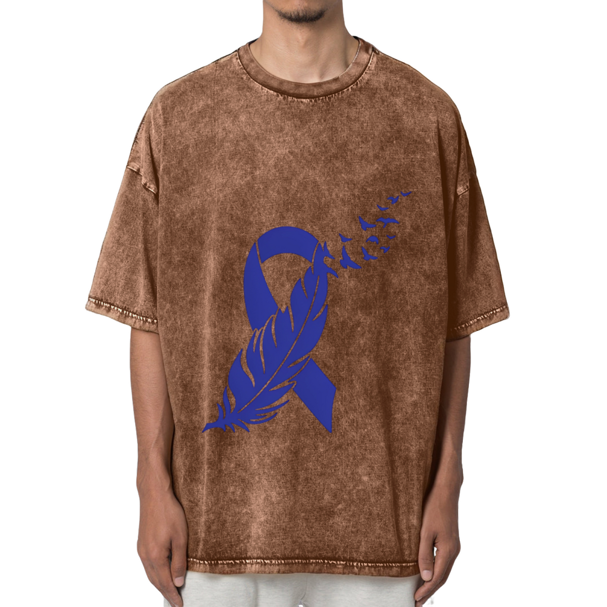 Colon Cancer Feather Ribbon Washed Graphic T-Shirt