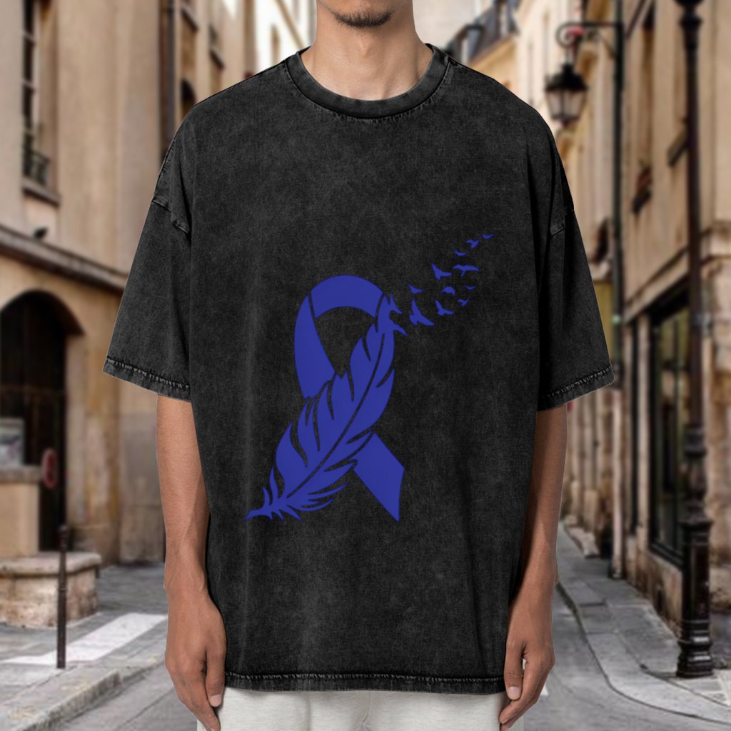Colon Cancer Feather Ribbon washed graphic T-shirt product image