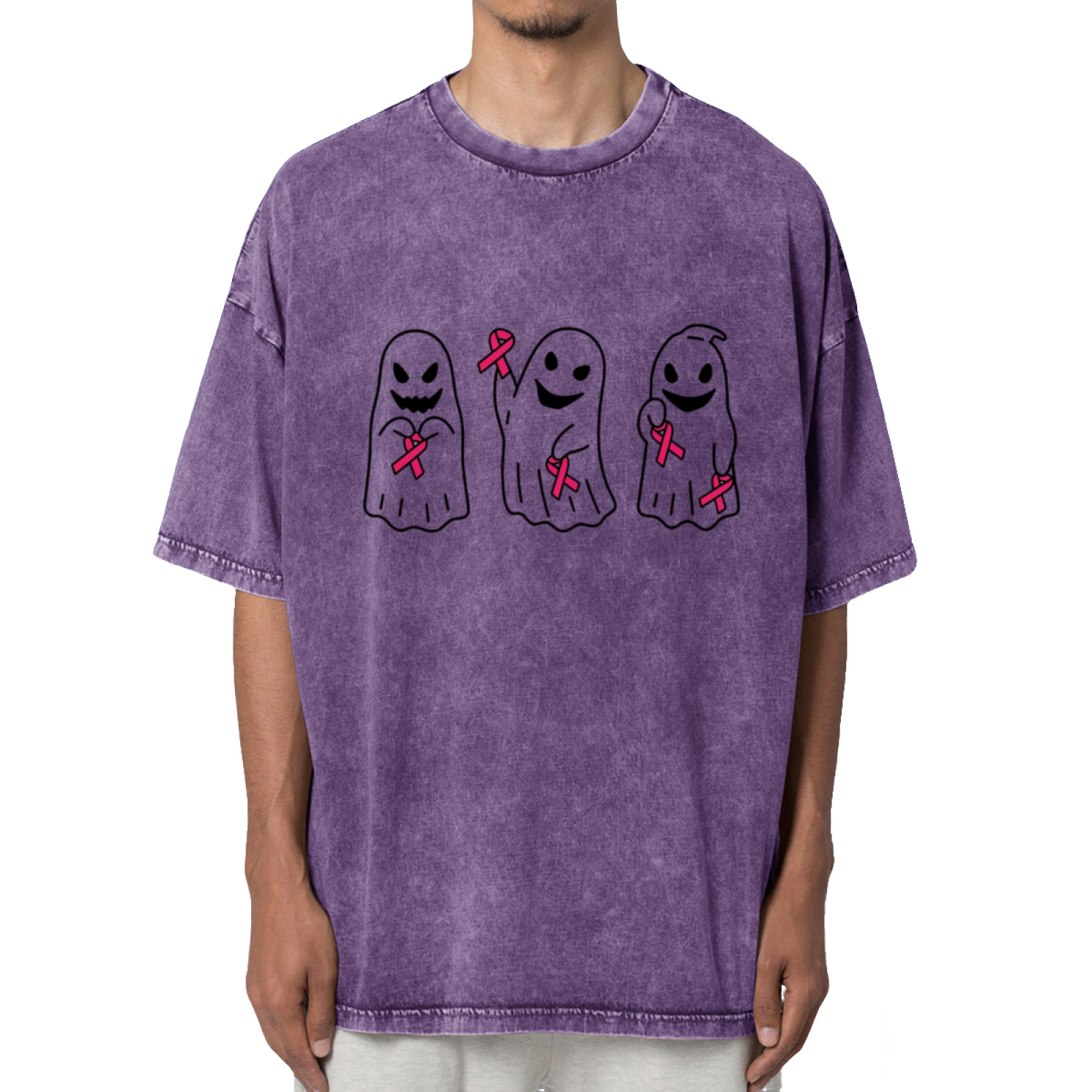 Breast Cancer Ghost Halloween Washed Graphic T-Shirt