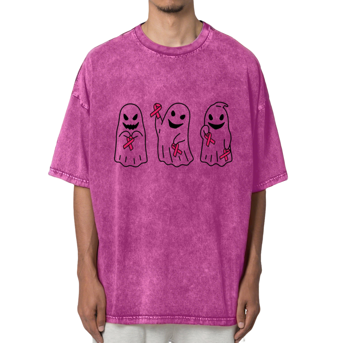 Breast Cancer Ghost Halloween Washed Graphic T-Shirt