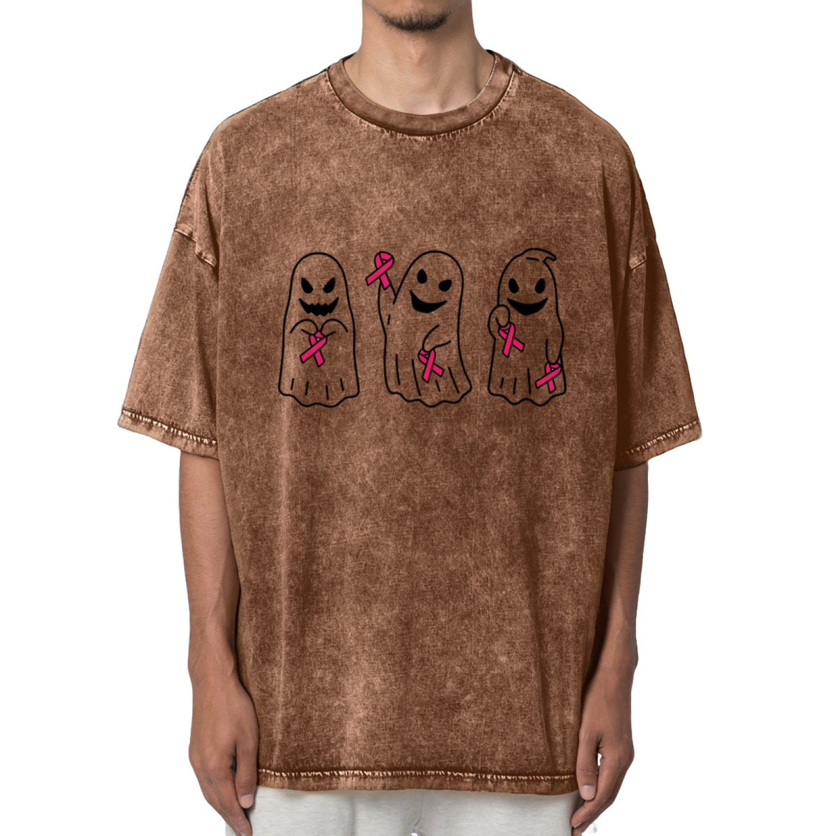 Breast Cancer Ghost Halloween Washed Graphic T-Shirt