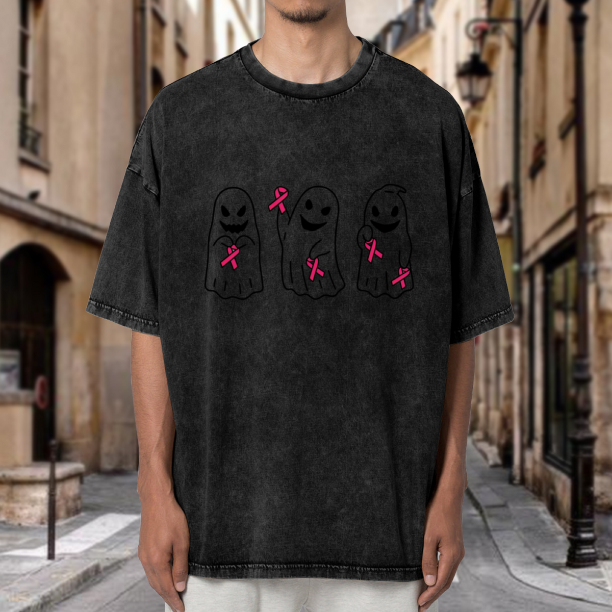Breast Cancer Ghost Halloween washed graphic T-shirt product image