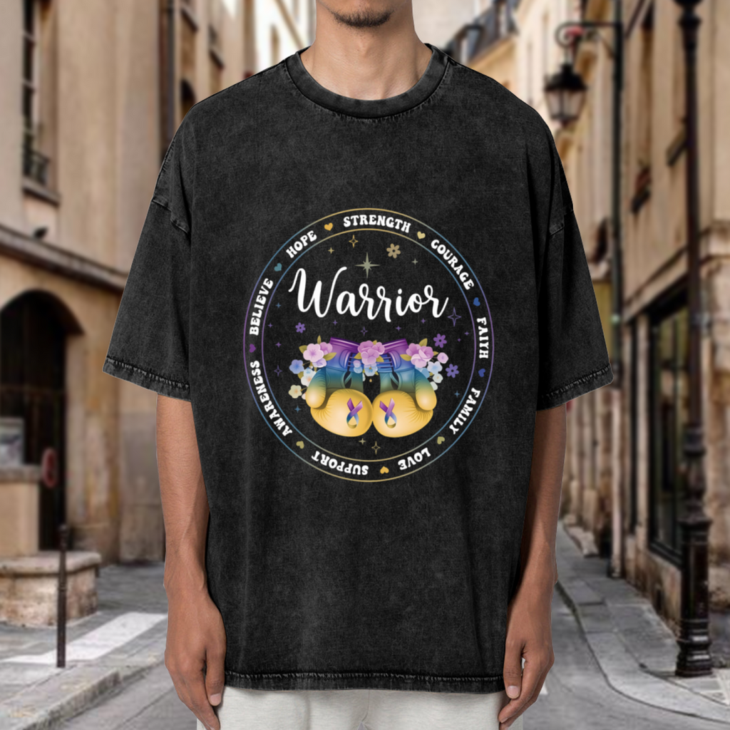 Bladder Cancer Awareness With Purple Ribbon and Boxing Gloves washed graphic T-shirt product image