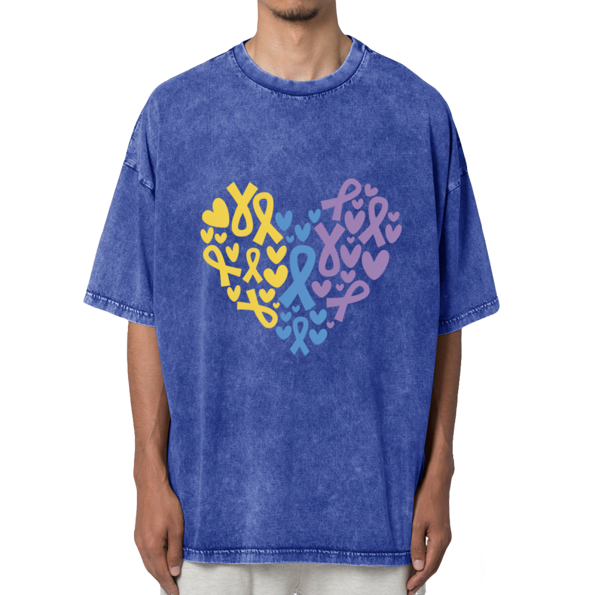 Yellow Blue Purple Ribbon Heart Washed Graphic T-Shirt