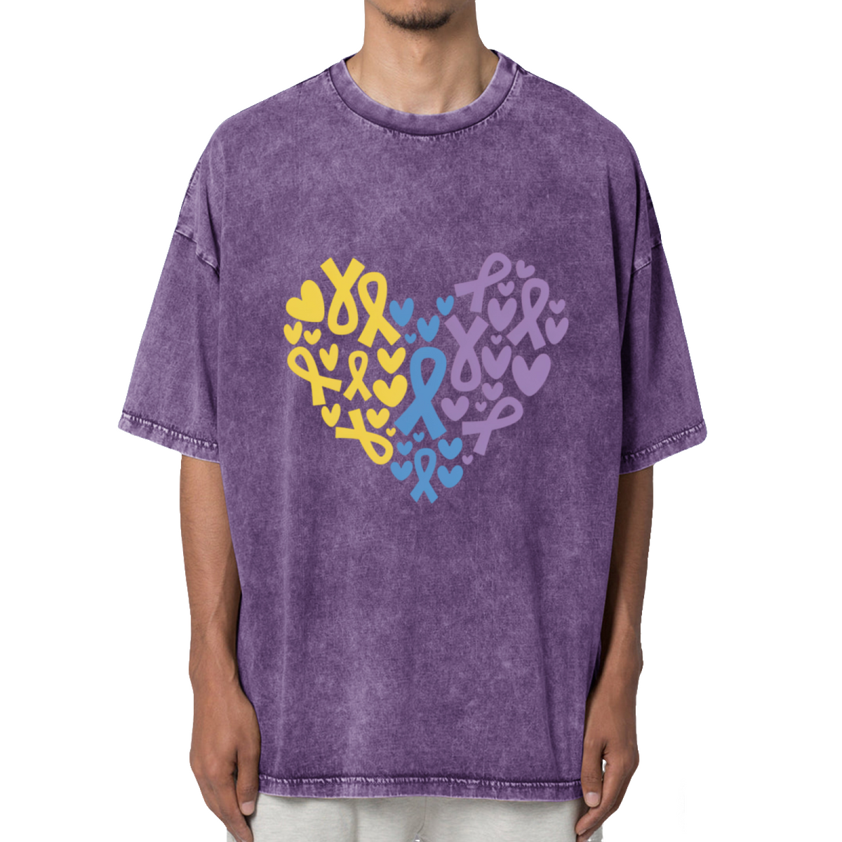 Yellow Blue Purple Ribbon Heart Washed Graphic T-Shirt