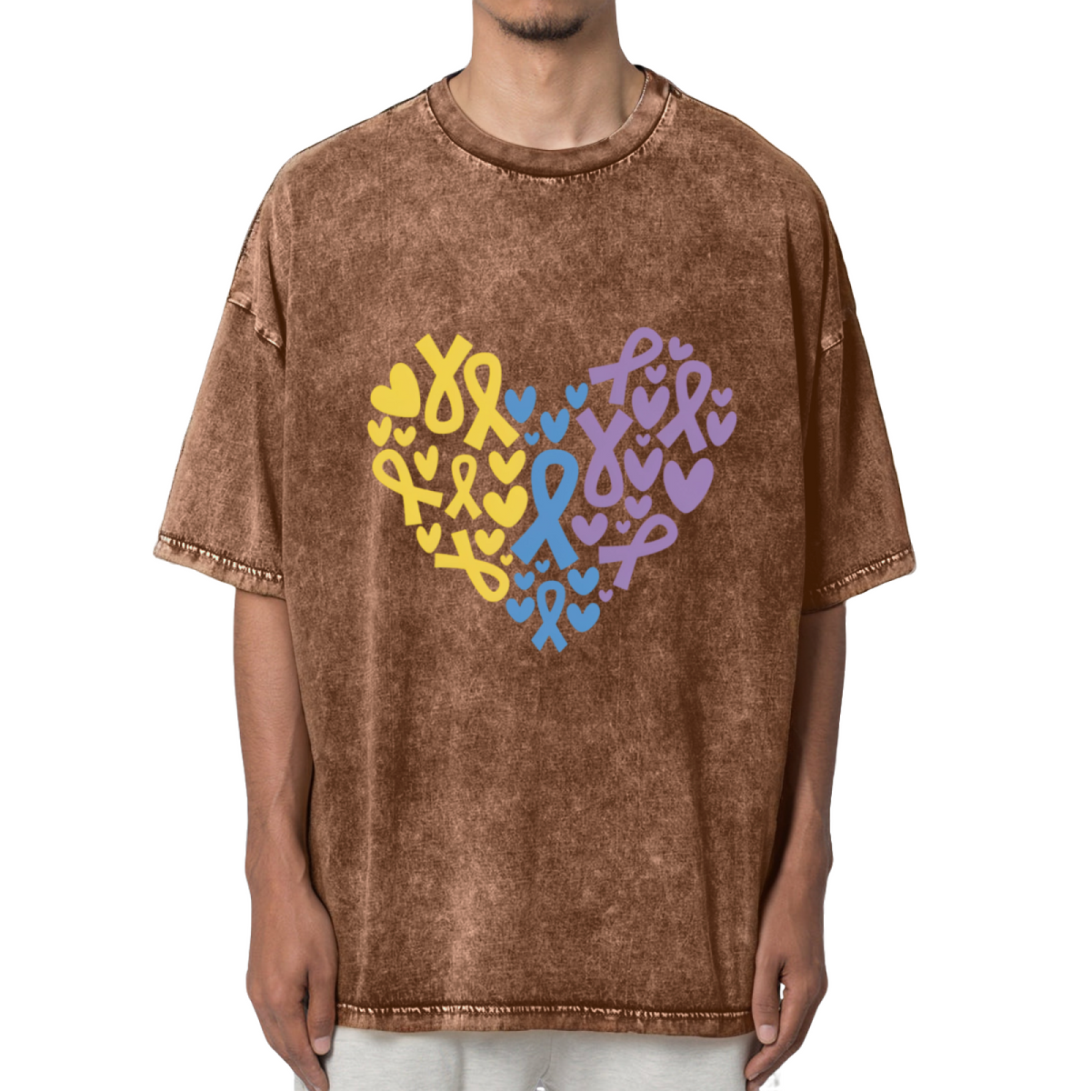 Yellow Blue Purple Ribbon Heart Washed Graphic T-Shirt