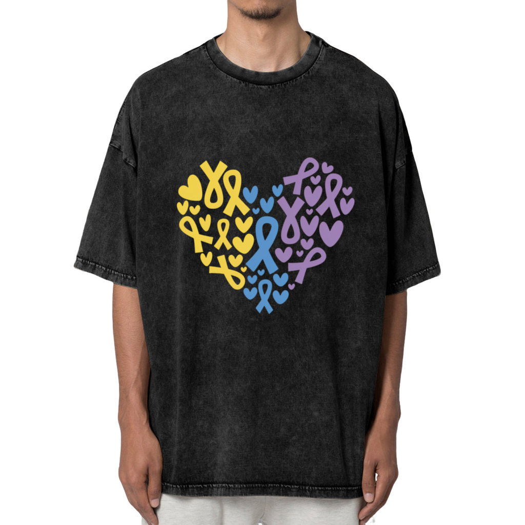 Yellow Blue Purple Ribbon Heart washed graphic T-shirt product image