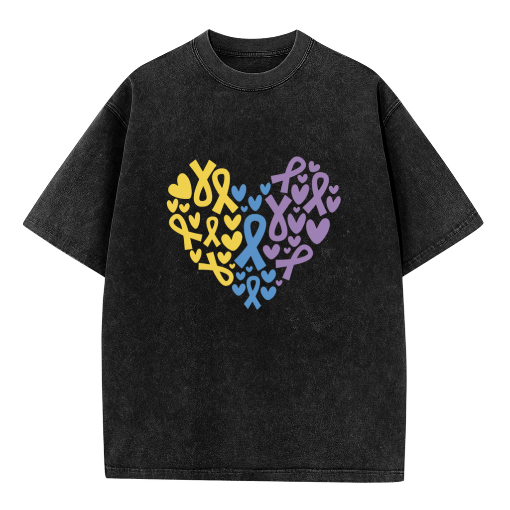 Yellow Blue Purple Ribbon Heart washed graphic T-shirt product image