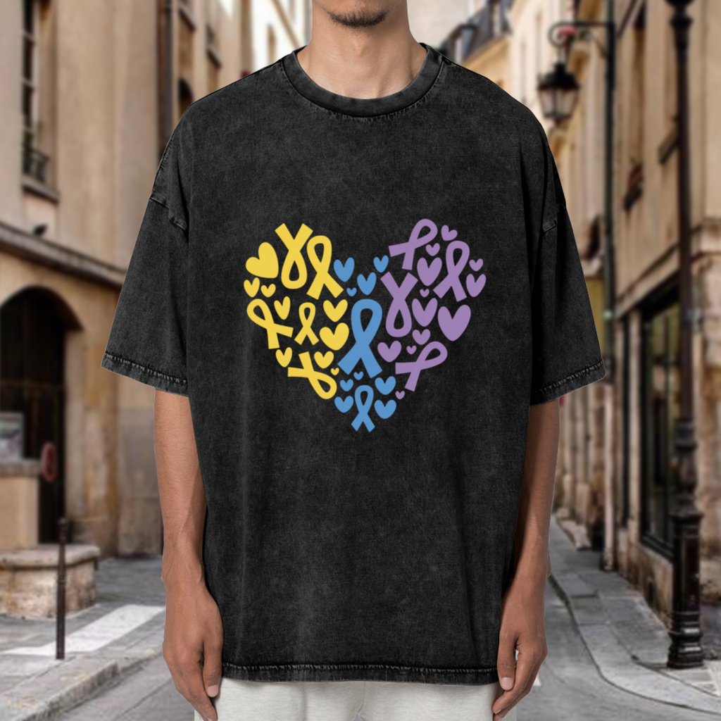 Yellow Blue Purple Ribbon Heart washed graphic T-shirt product image