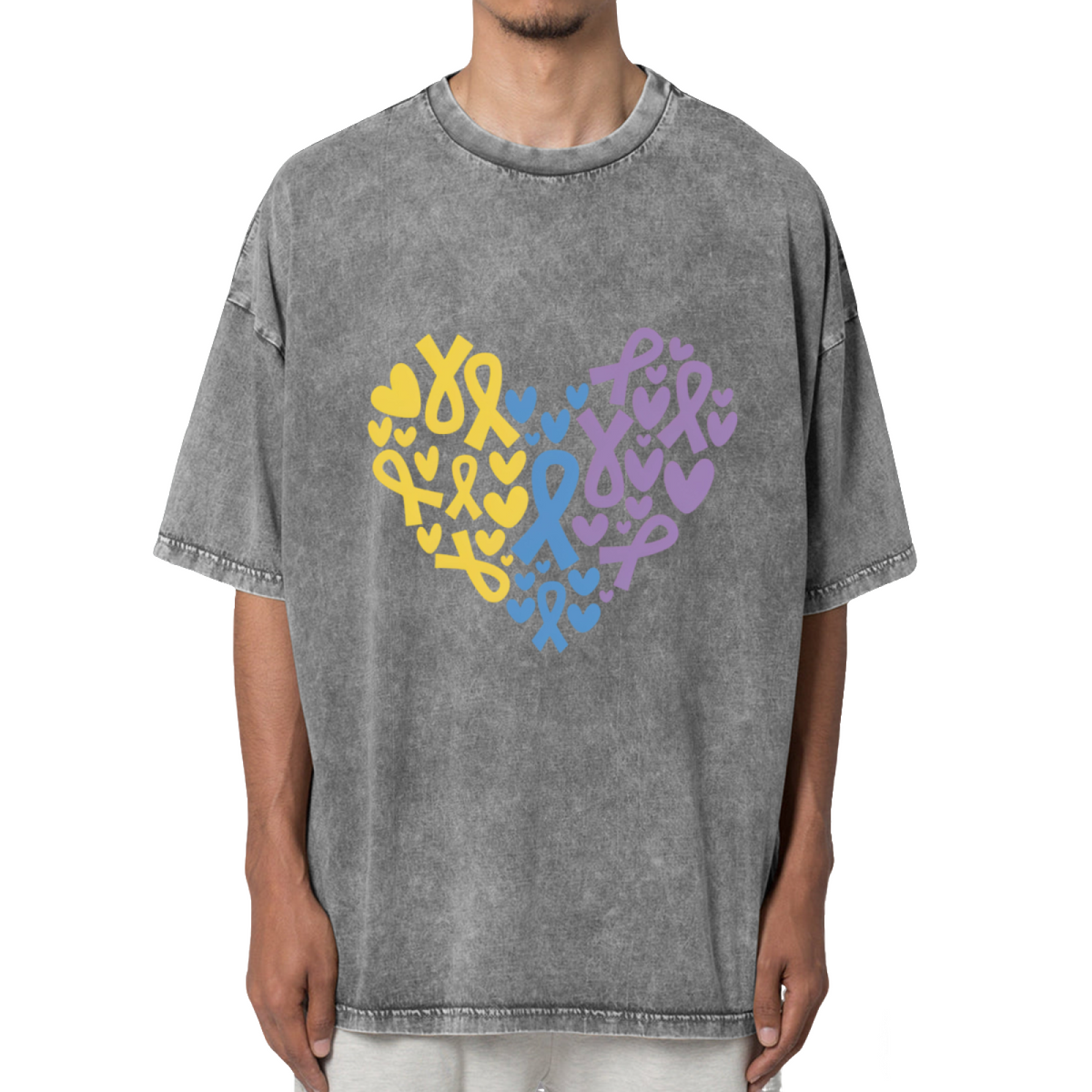 Yellow Blue Purple Ribbon Heart Washed Graphic T-Shirt